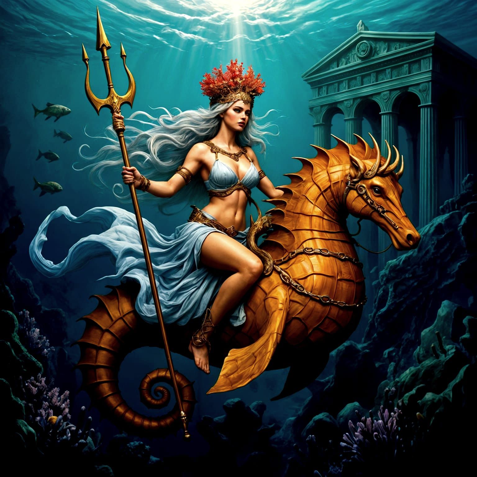 Fantasy Queen with Coral Crown in Matte Painting Style