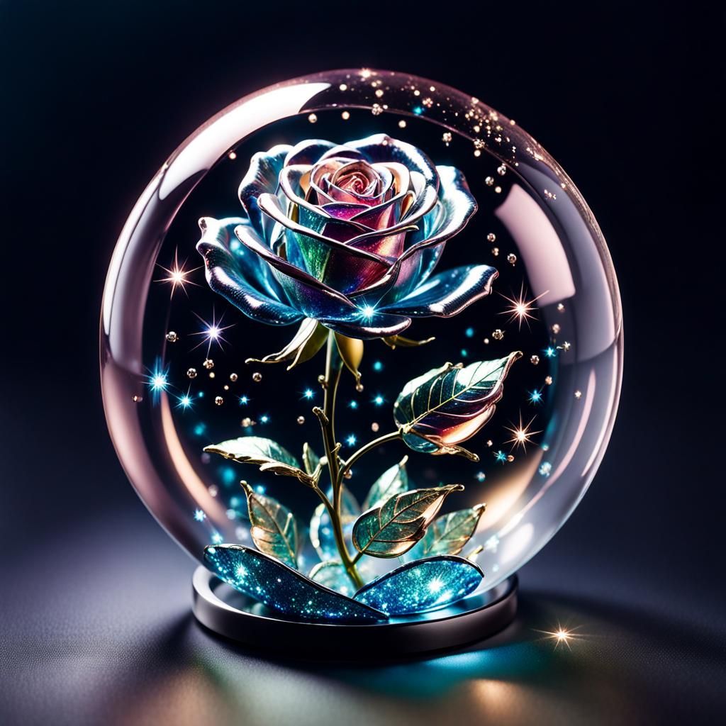 Iridescent Glass Rose with Stars and Fireflies