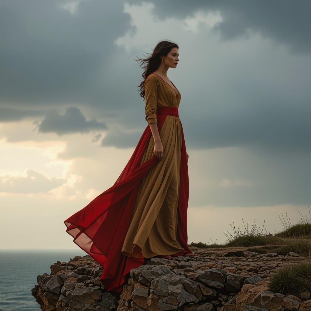Lone Woman on Cliff in Dramatic Lighting