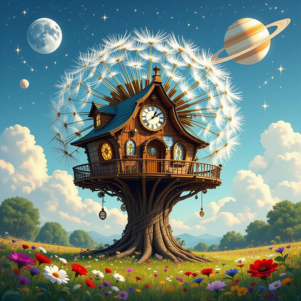Whimsical Clockwork Dandelion Treehouse with Celestial Views