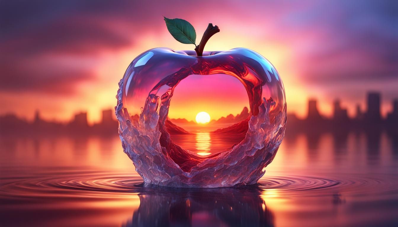 Crystal Apple Sunset: Hyperrealistic Splash Art