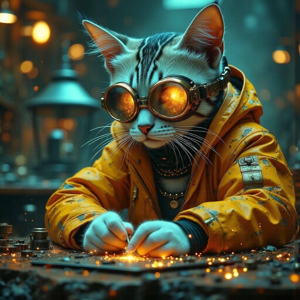 Cyberpunk Cat in Mad Scientist Lab Soldering Electronics