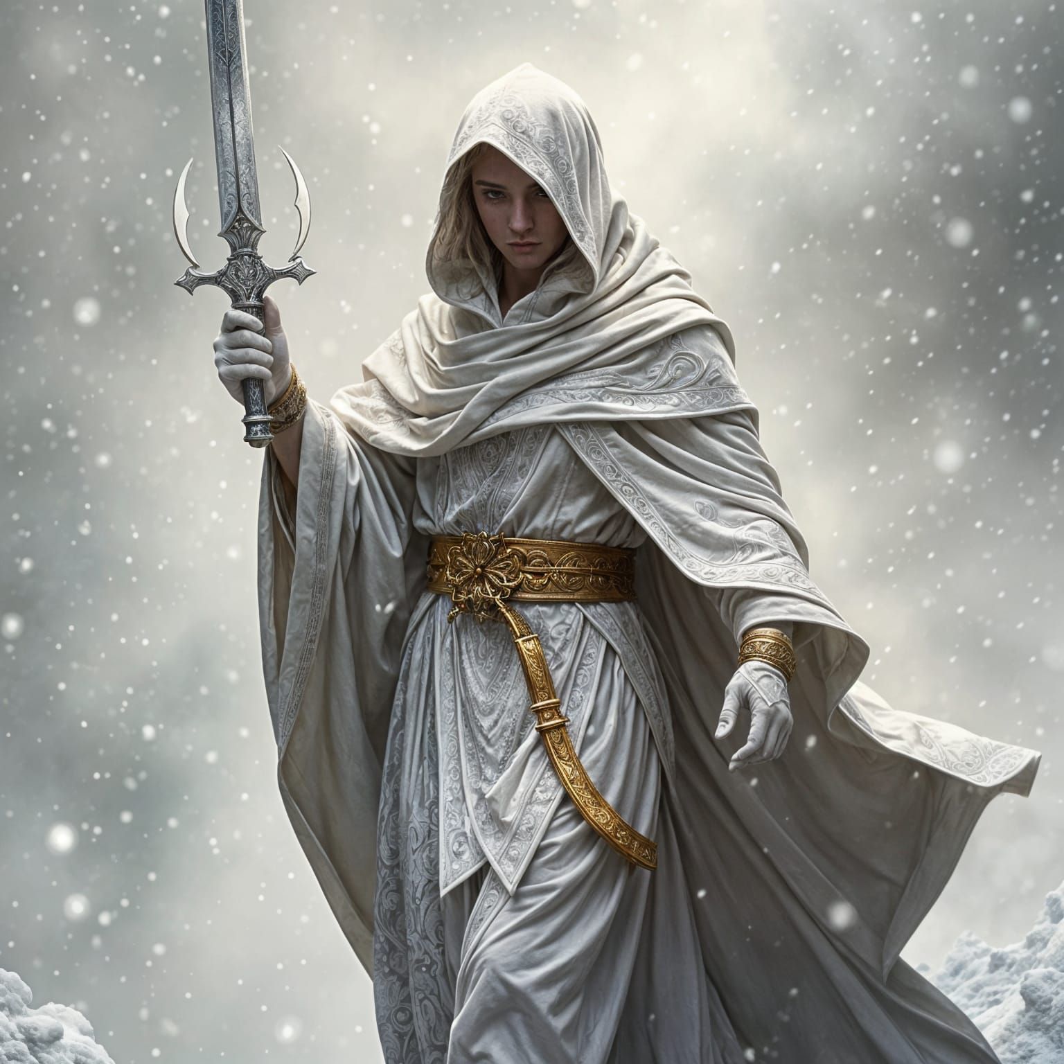 Figure in White Robes with Ornate Sword