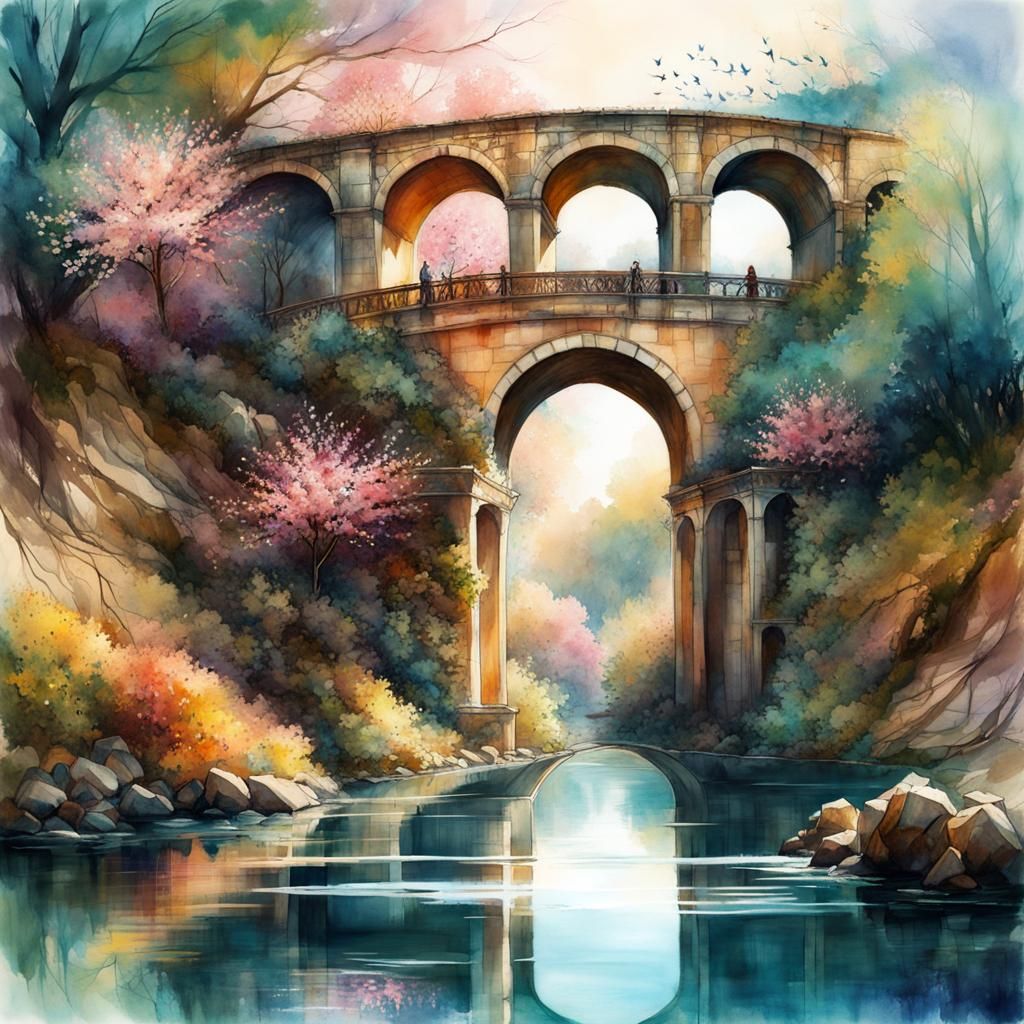 Watercolor Aqueduct Illustration in Ancient City Sunset