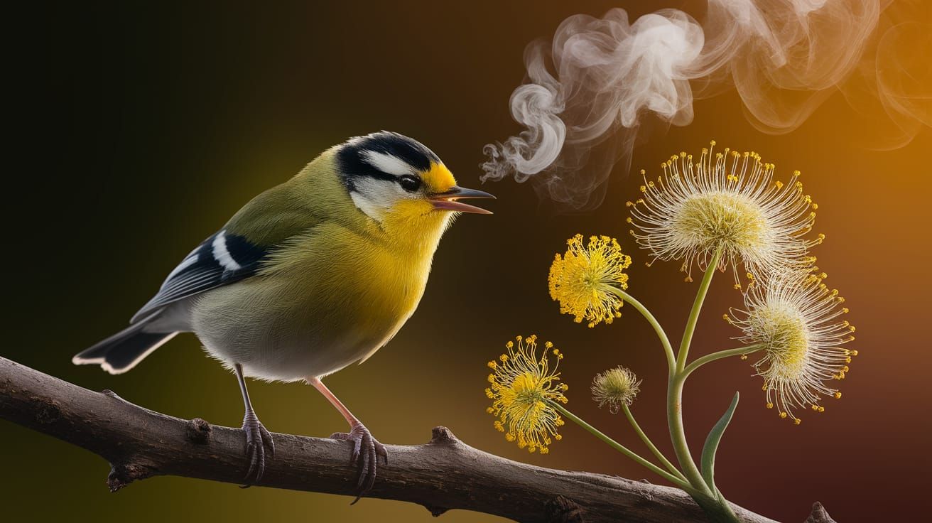 Yellow Bird in Twilight Amidst Cyberpunk Tech