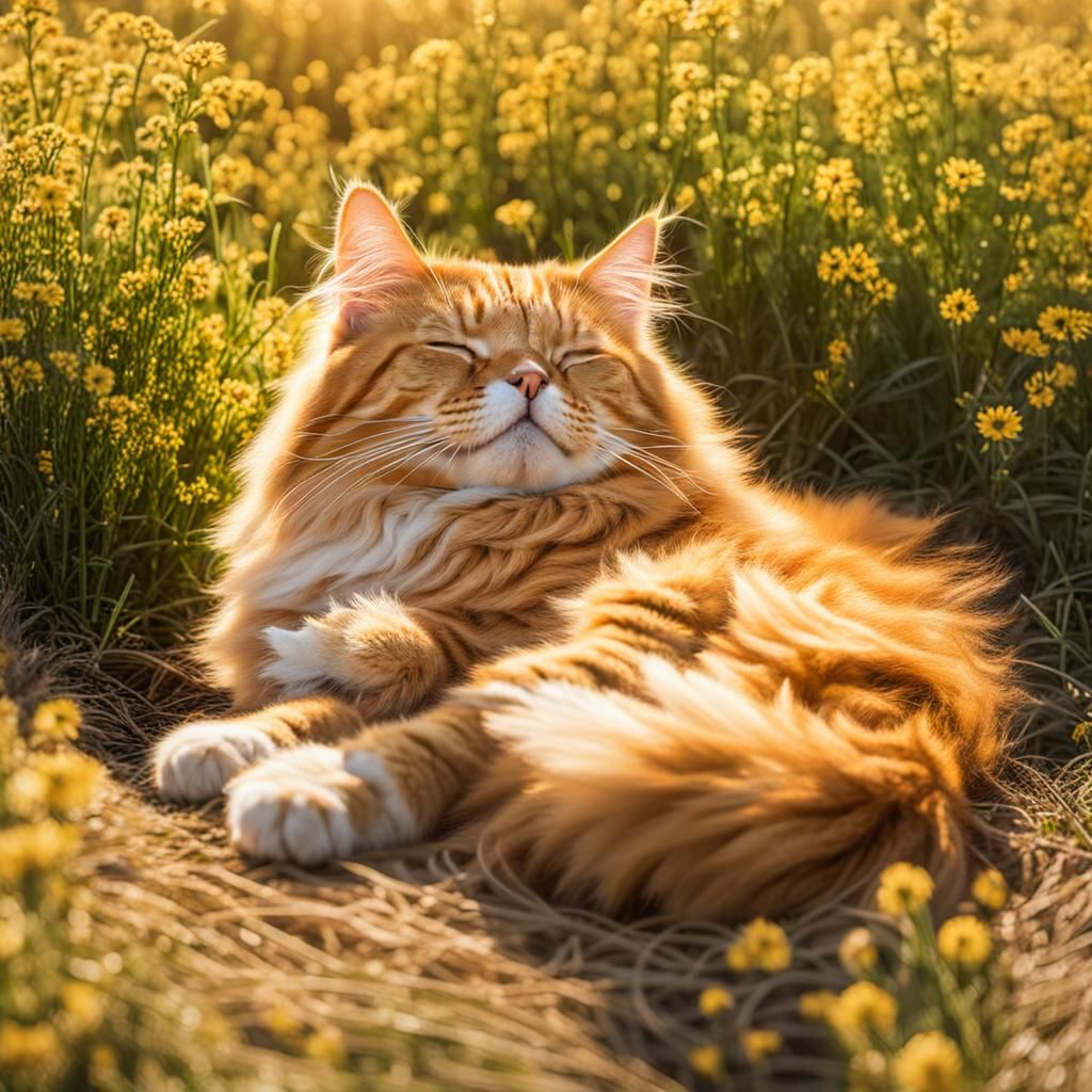 Orange Siberian Cat Sleeping in Sunny Field