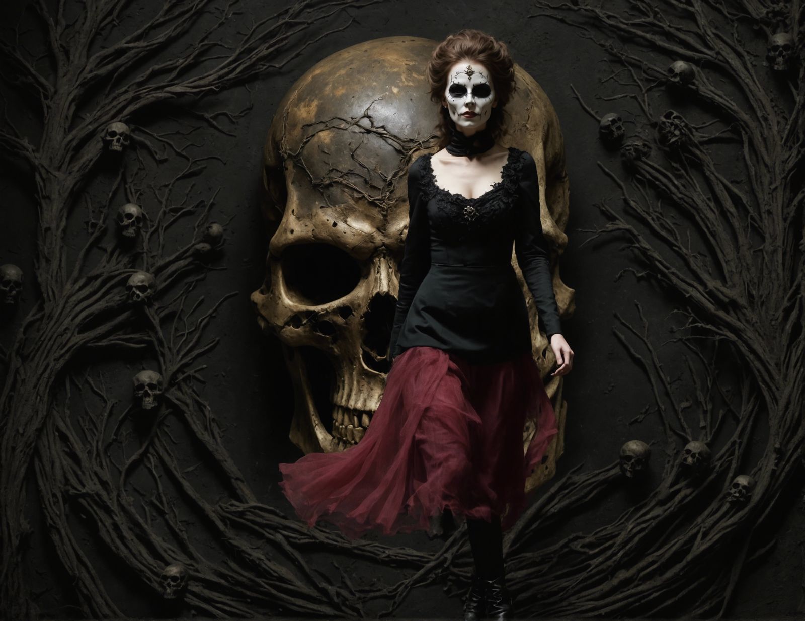 Masquerade Lady with Macabre Skull Backdrop