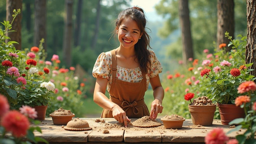 Woman Makes Mud Pies in Lush Garden, Folk Art
