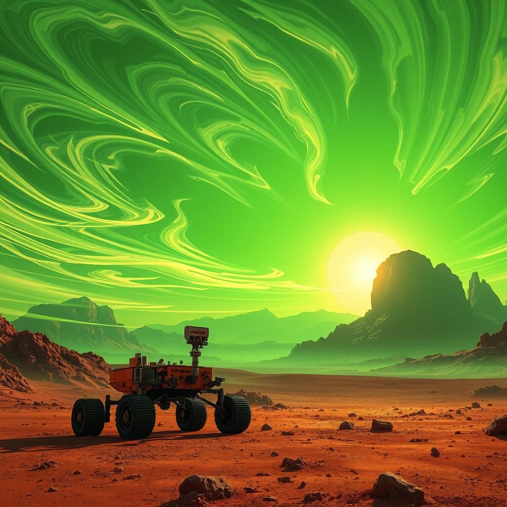 Futuristic Mars Landscape with Green Sky, Photorealistic