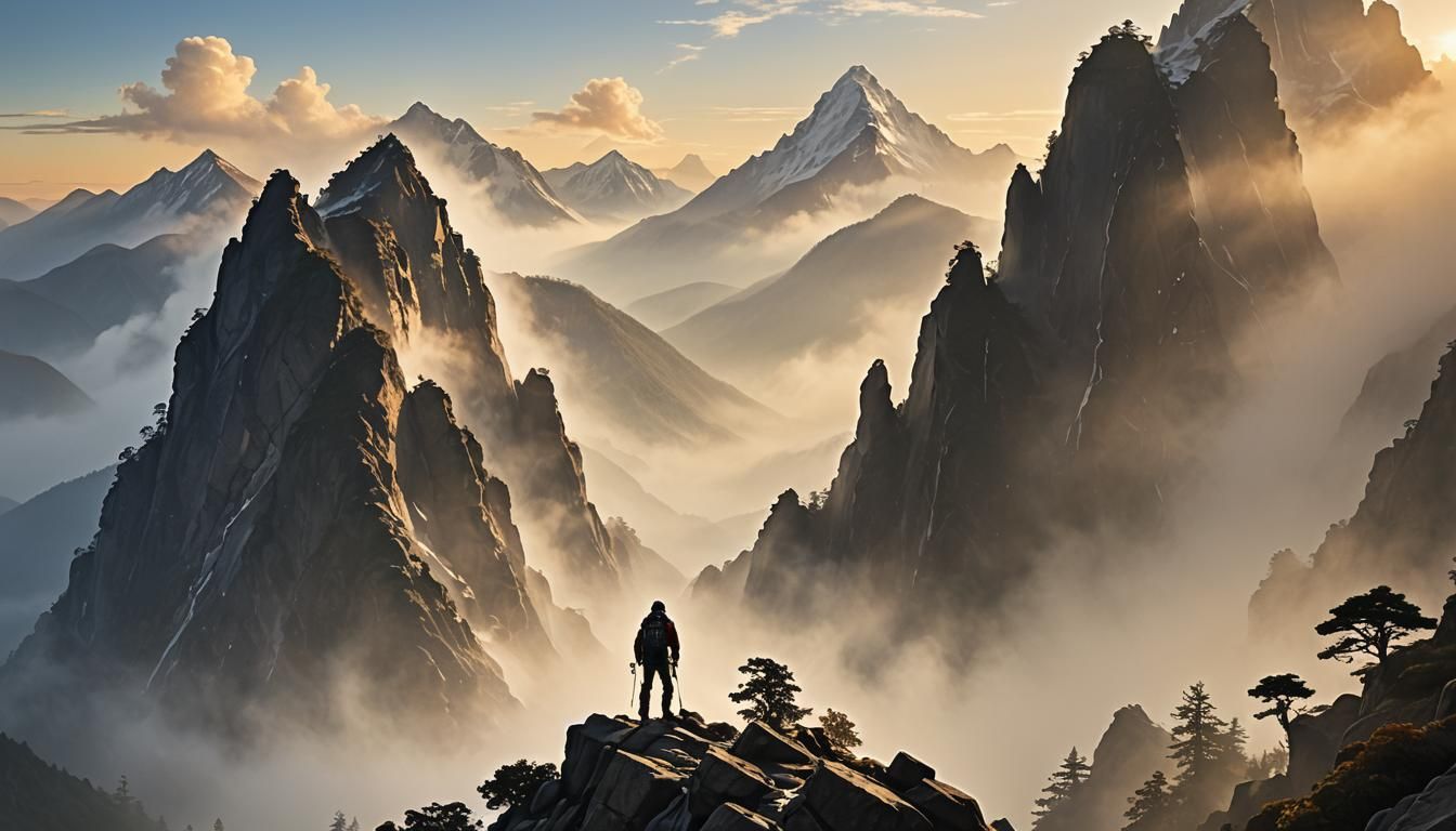 Triumphant Climber Reaches Misty Mountain Peak at Dawn