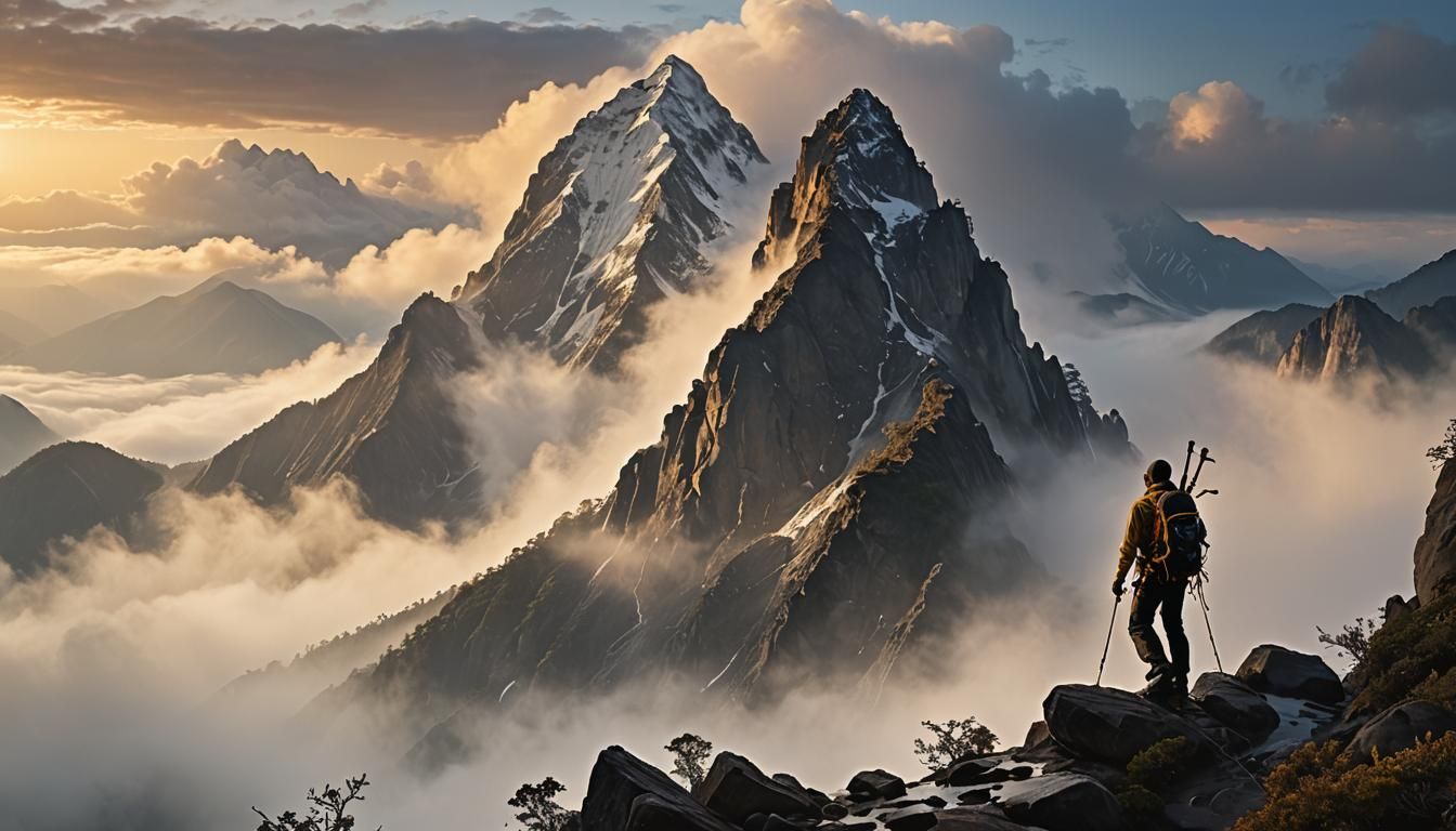 Climber Reaches Mountain Peak at Dawn