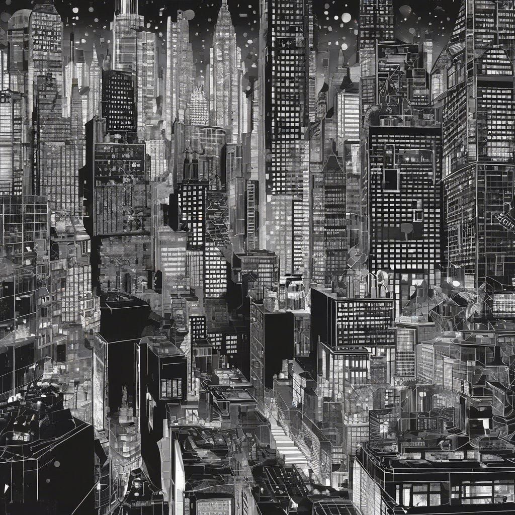 New York city, macrolens_bokeh; depth_of_field; line_art; maximalism; intricately_detailed; breathtaking portrait; high_...