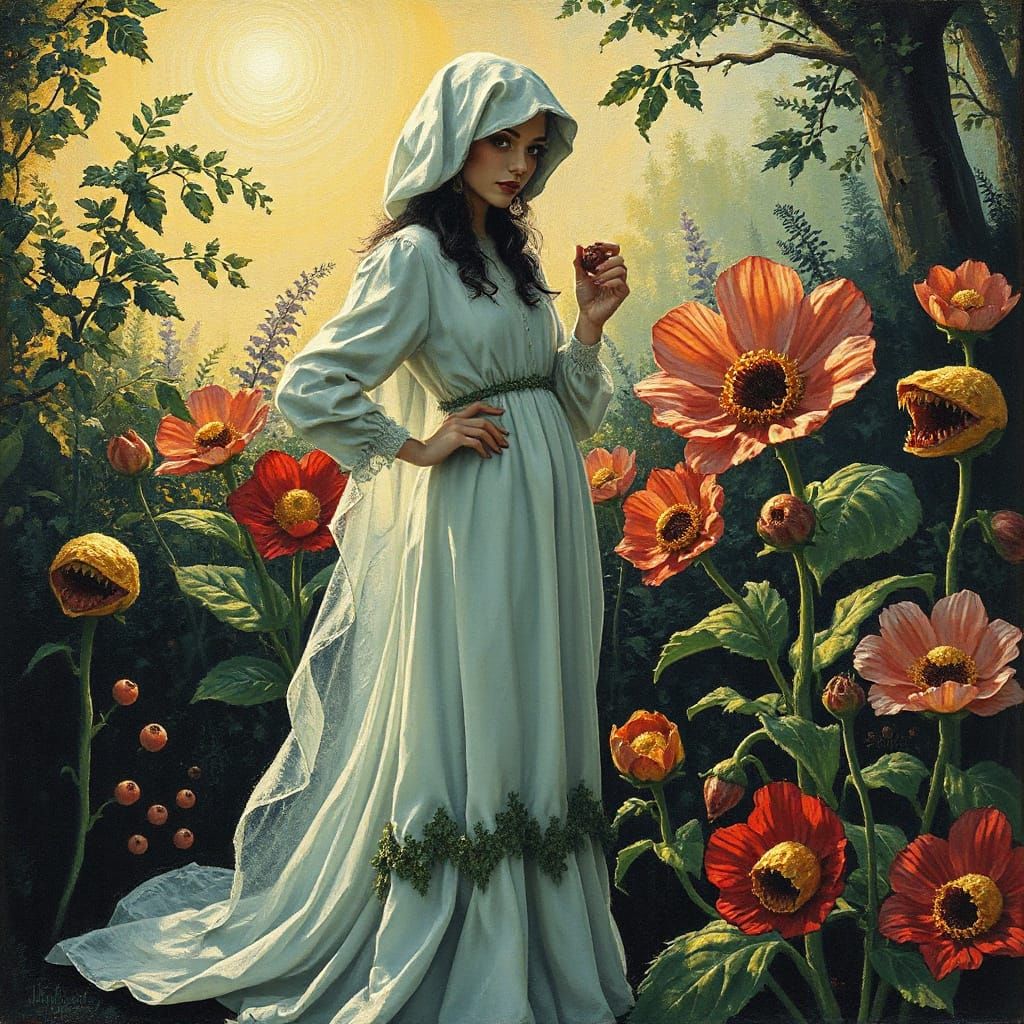 Ghostly Fashionista in Eerie Glowing Garden