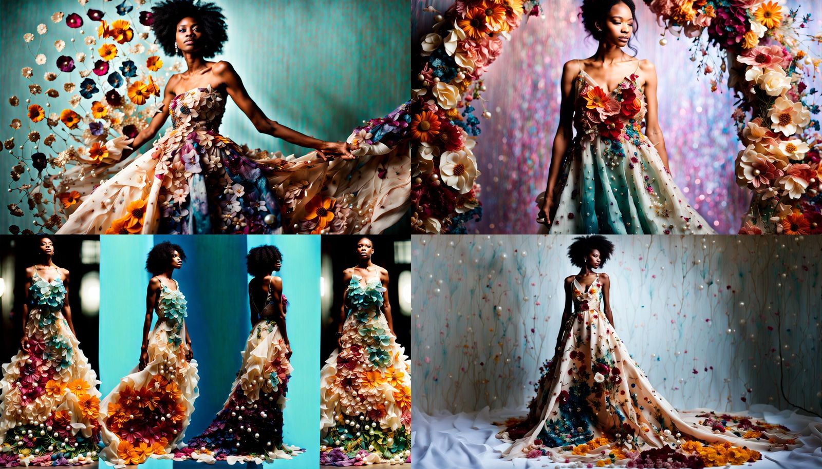 Woman's Floral Dress with Silk, Sequins and Pearls