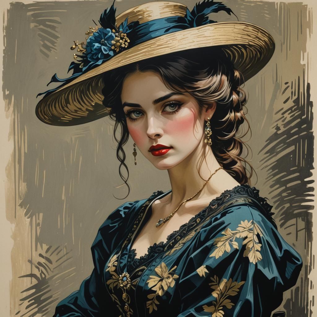 Victorian Beauty in Colored Linocut Style