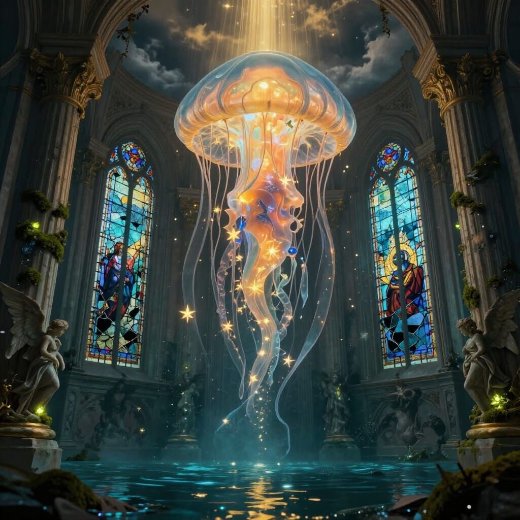 Jellyfish Deity Over Flooded Cathedral in Cosmic Style