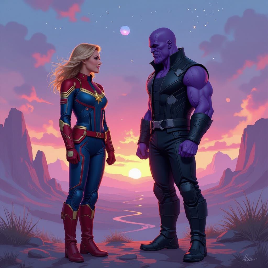 Captain Marvel and Thanos in Cosmic Landscape