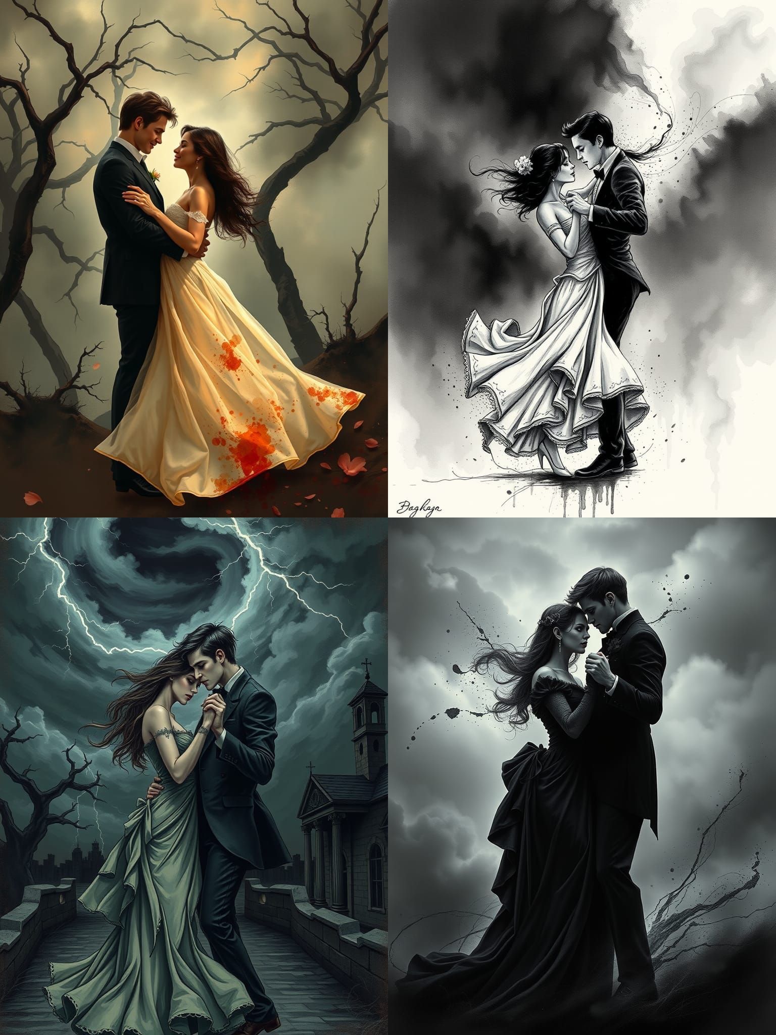 Romantic Dance in a Horror-Infused Cloudy Sky