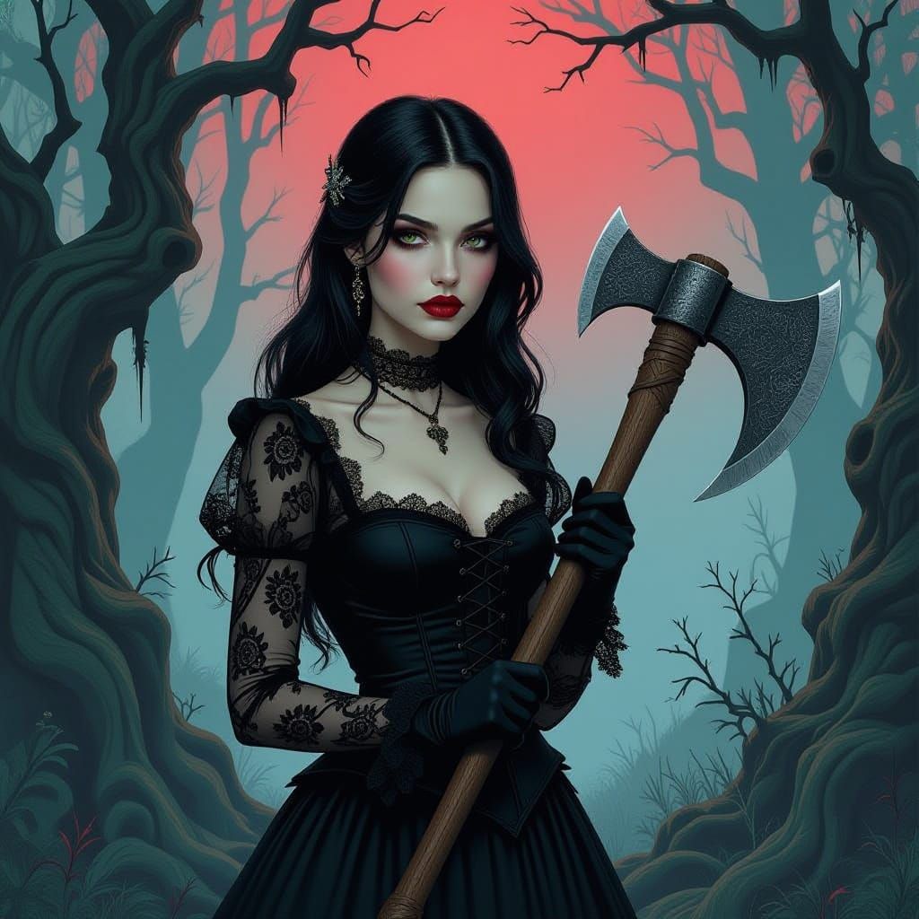 Gothic Fairytale Illustration of Woman with Axe in Eerie For...