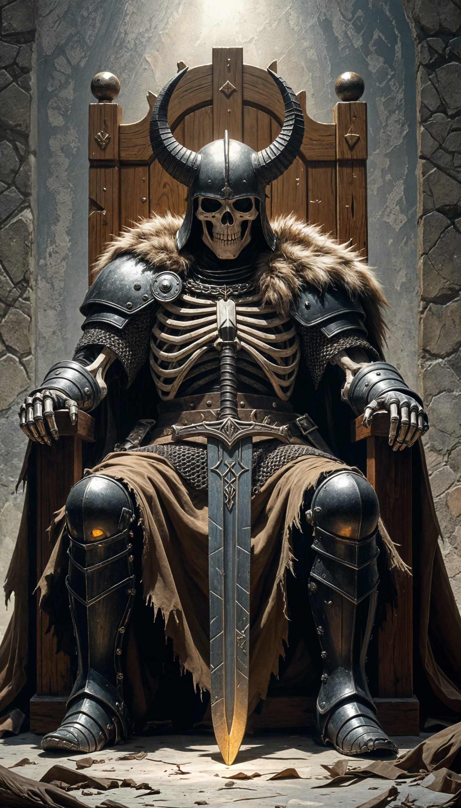 Skeletal Warrior on Throne in Dark Crypt