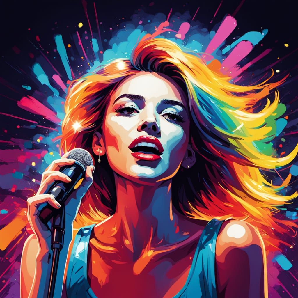 Vibrant Neon Karaoke Scene in Pop Art Style