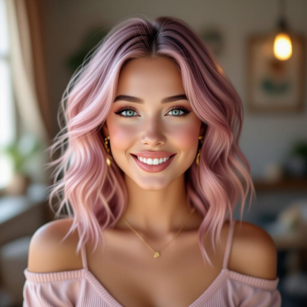 Young Woman with Pastel Pink Hair, Confident Smile