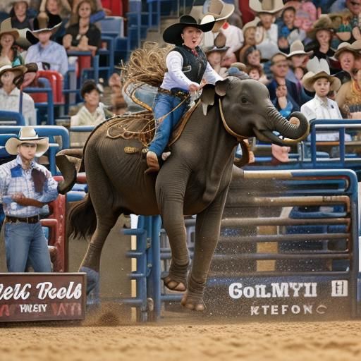Rodeo Elephant Calf with Bull Rider in Arena
