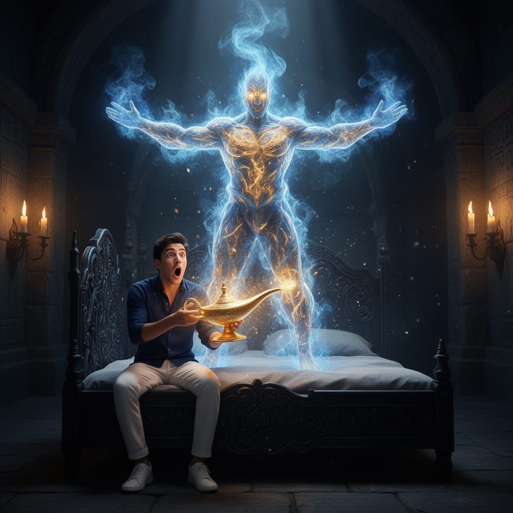 Shocked Man Meets Genie From Magic Lamp