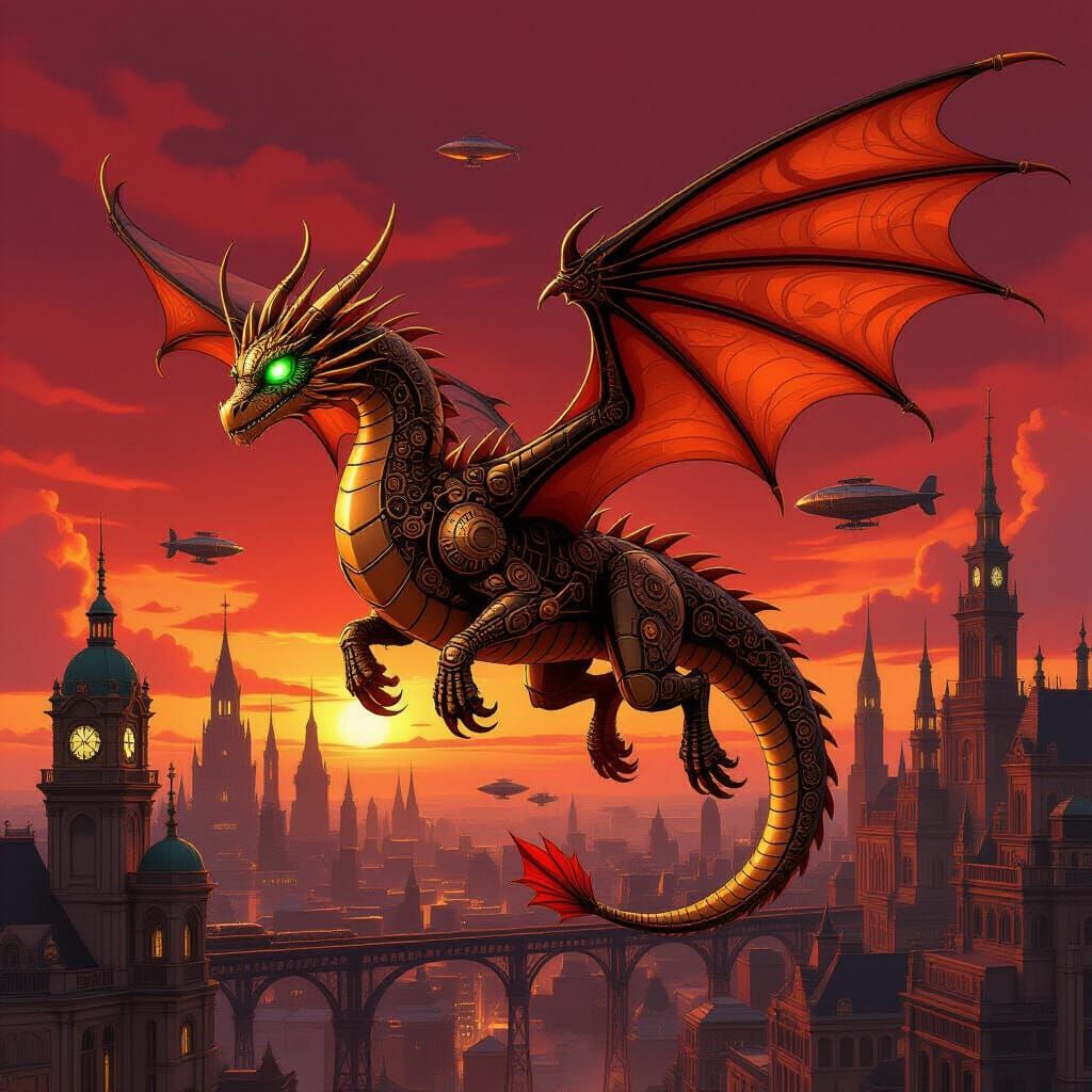 Steampunk Dragon Soaring Over Victorian City in Matte Painti...