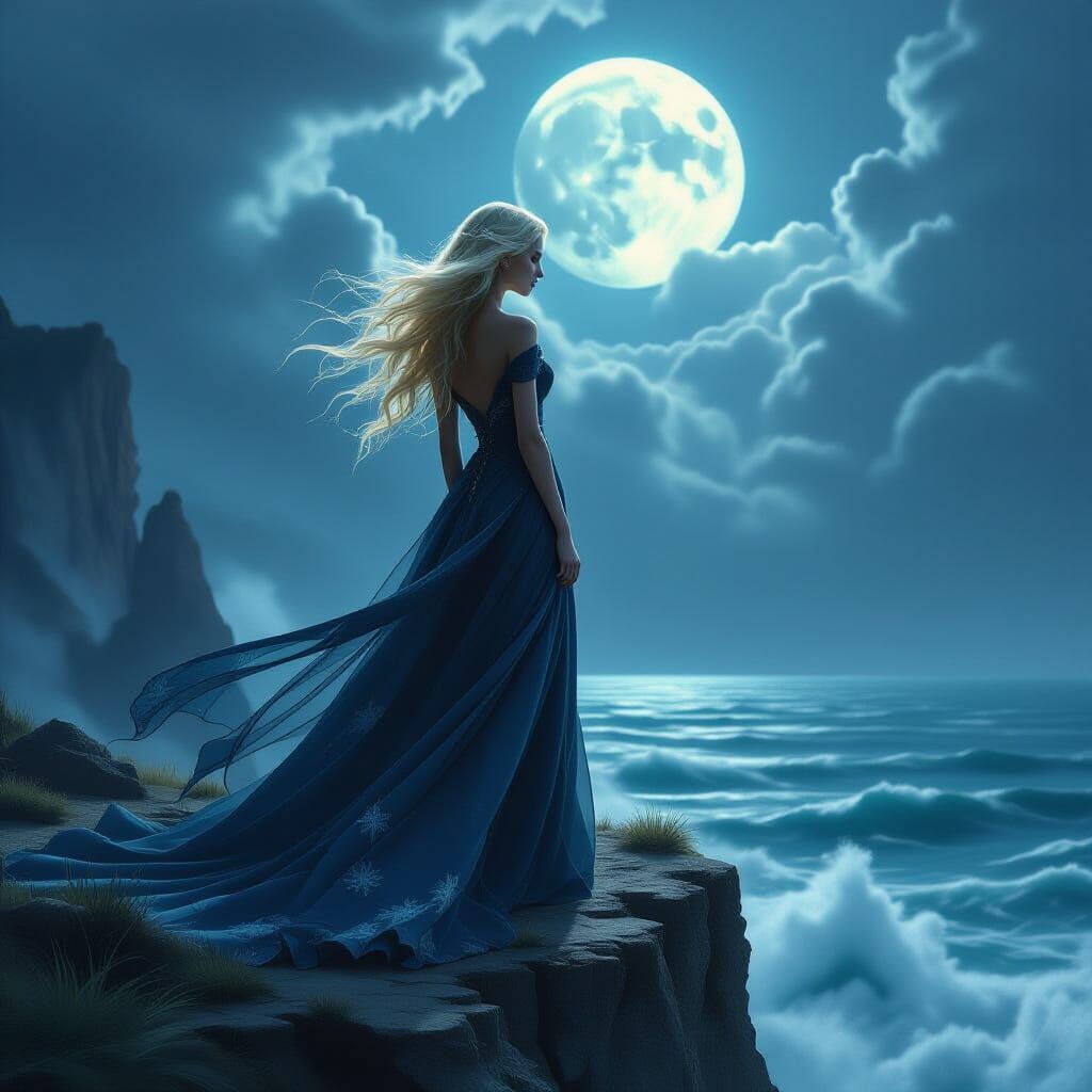Woman in Moonlight Gown on Cliff Overlooking Stormy Sea