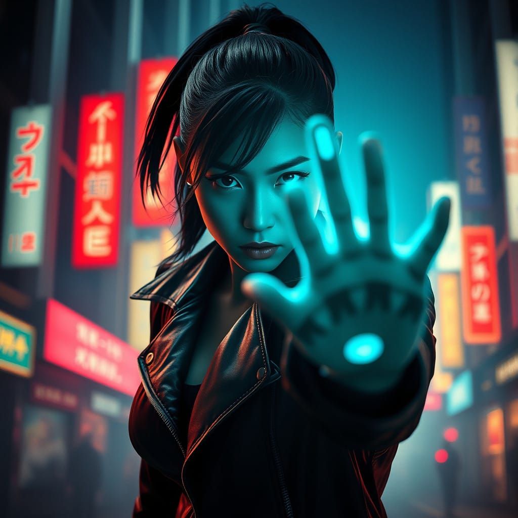 Japanese Woman Confronts Glowing AI in Futuristic Cityscape