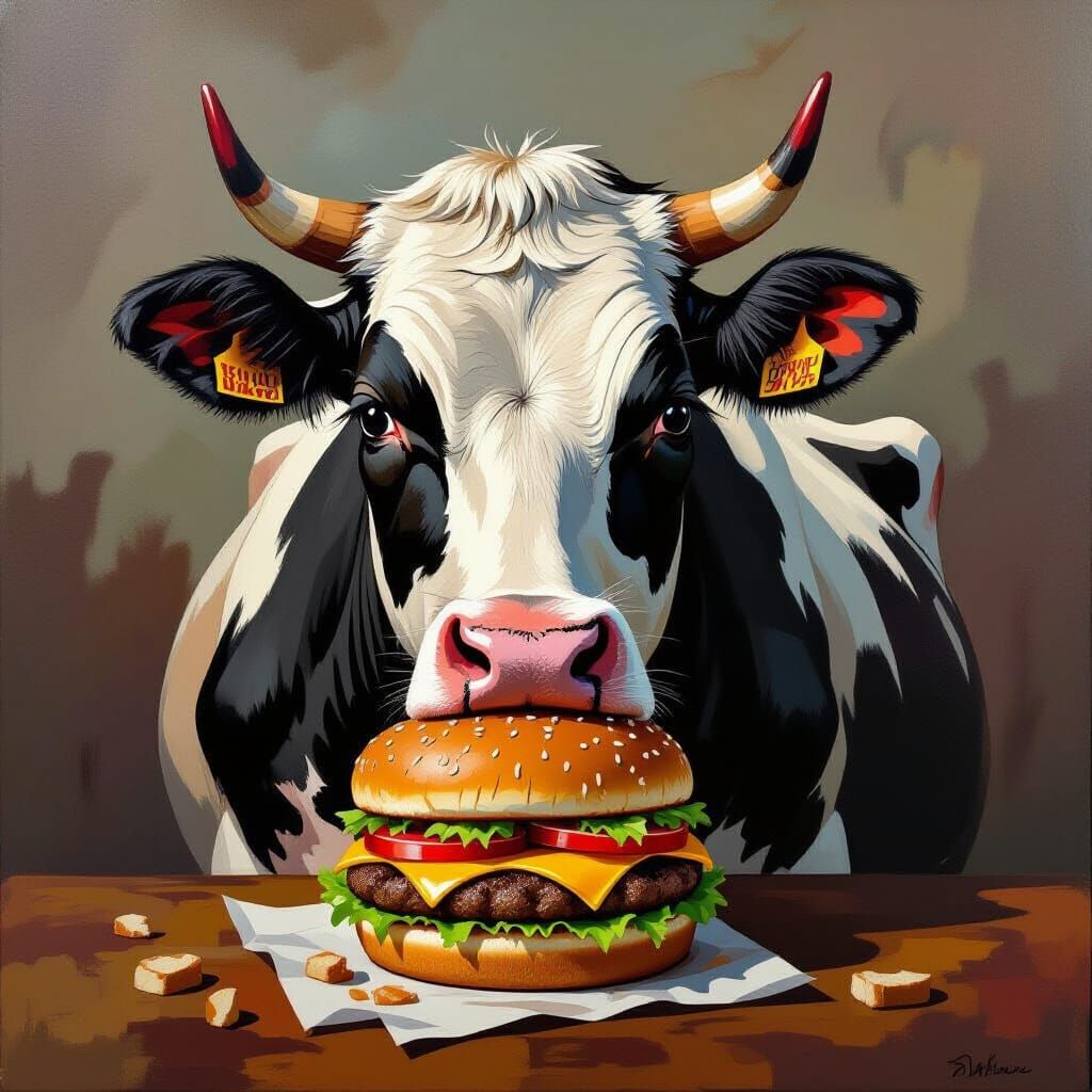 Surreal Oil Painting of a Cow Eating a Burger
