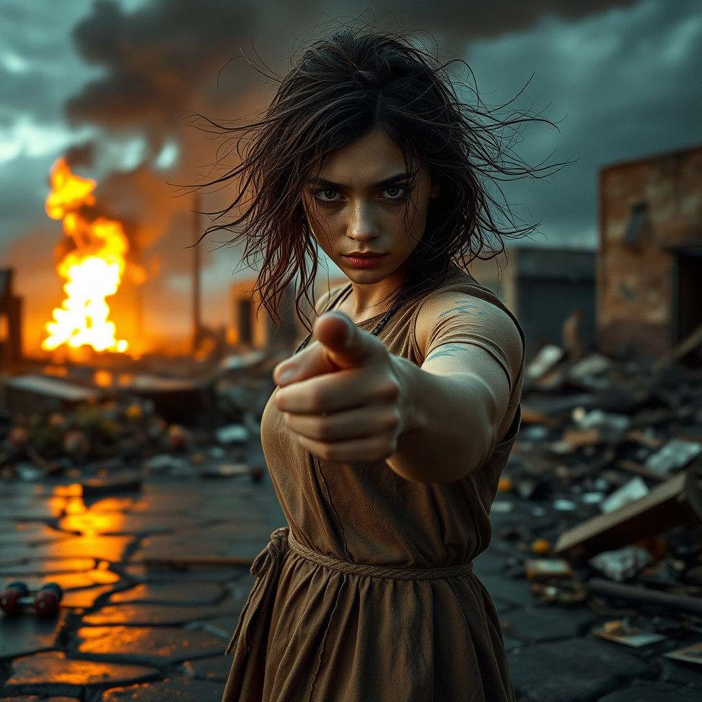 Defiant Woman in Ruins: Cinematic Film Still