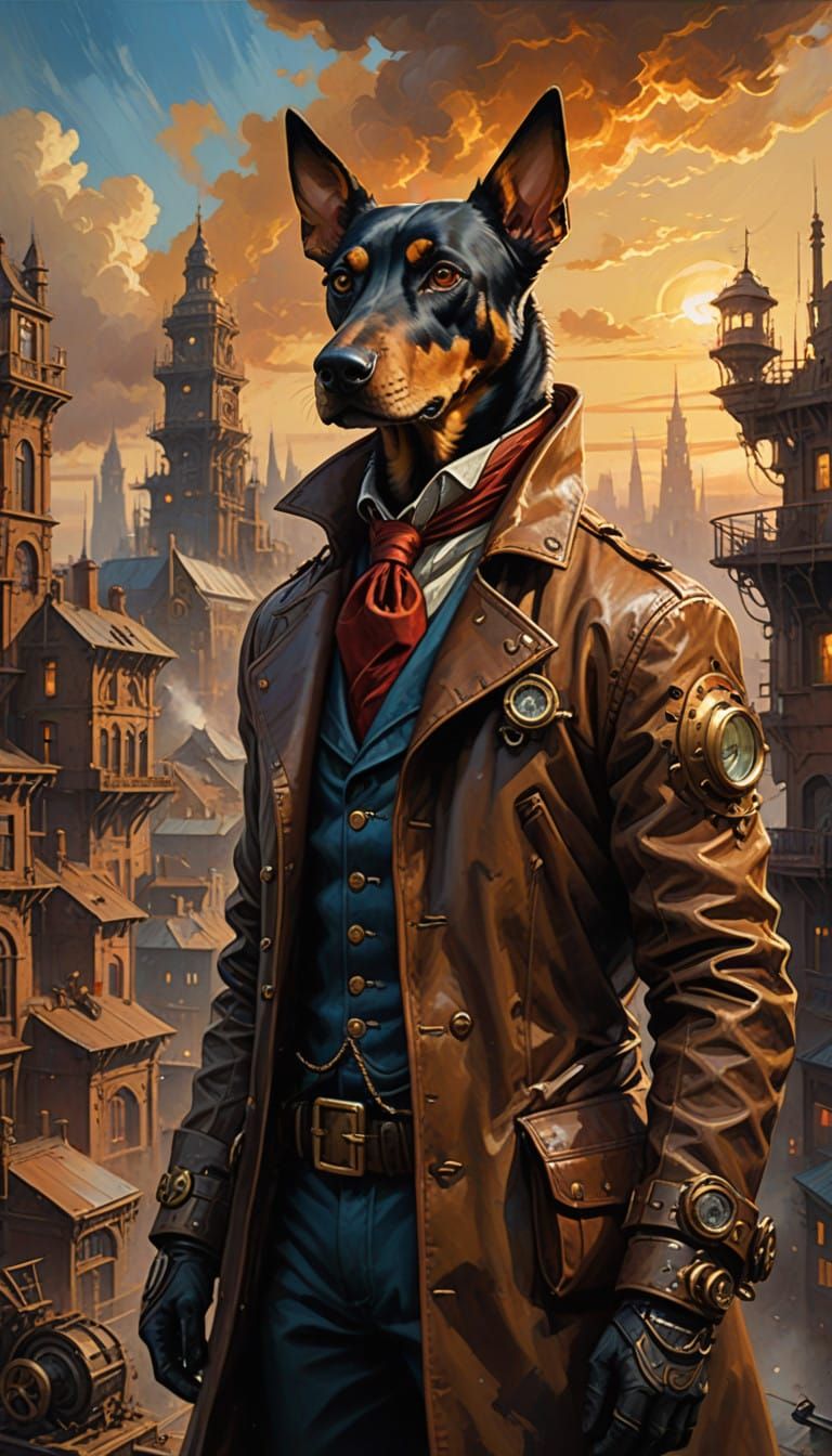 Confident Steampunk Santa with Loyal Doberman Companion