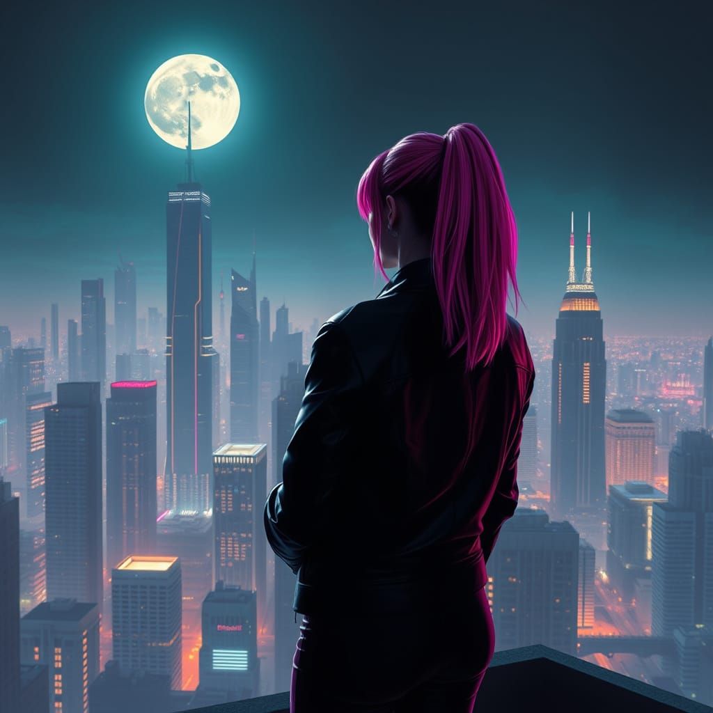 Cyberpunk Woman Gazing at Futuristic Cityscape