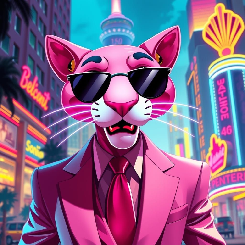 Sleek Pink Panther Strolls Through Retro Futuristic City