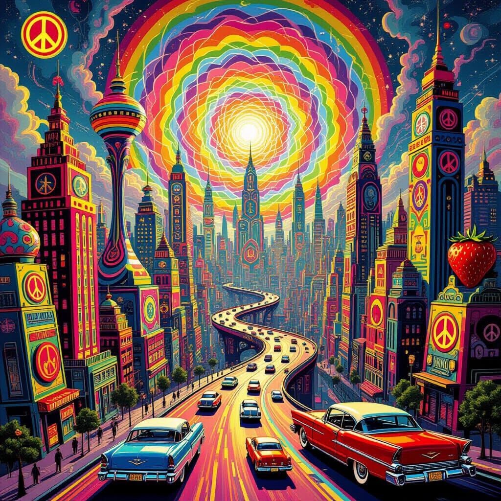 Psychedelic 1960s Cityscape with Floating Cars