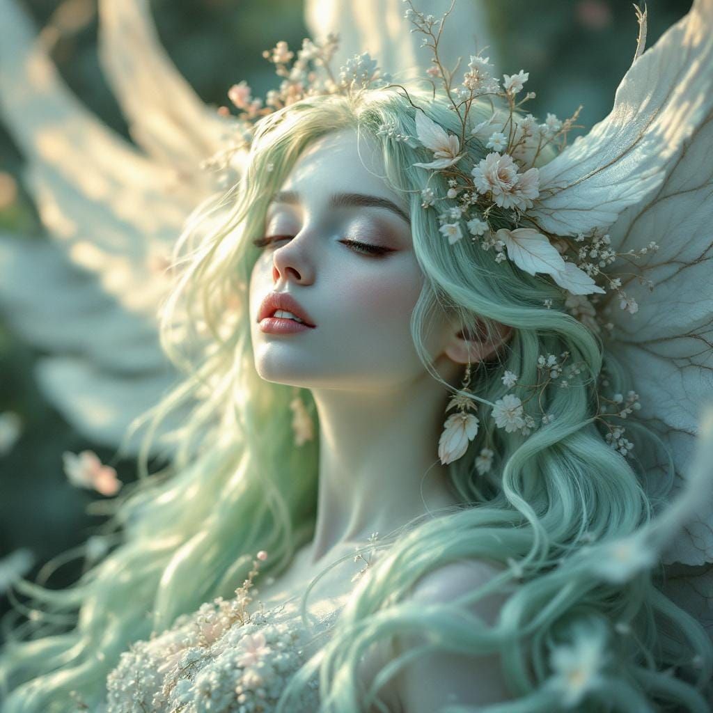 Serene Angelic Woman with Light Green Hair