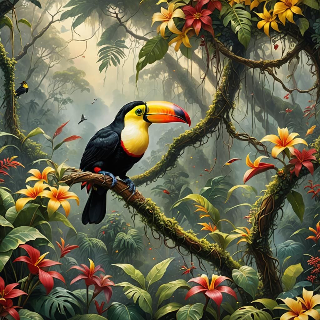 Exotic Toucan in Hyperdetailed Rainforest Scene