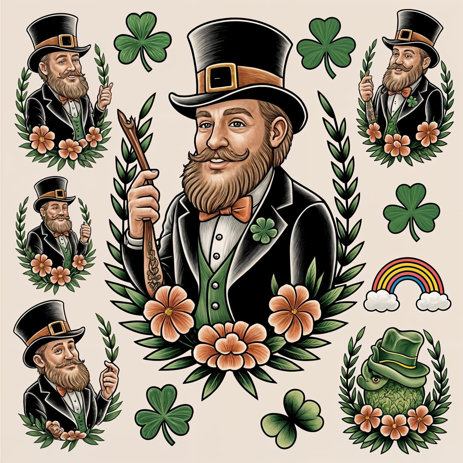 Leprechaun Tattoo Flash Sheet with Rainbows