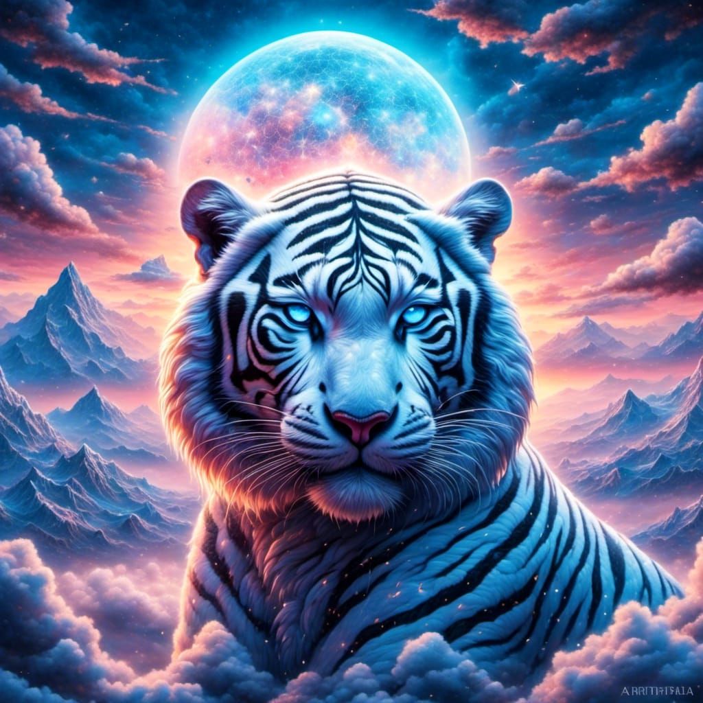 <lora:Night Sparkle:1.0> <lora:eye:1.0> a white tiger with blue eyes sitting in the clouds, by Joe Jusko, trending on re...
