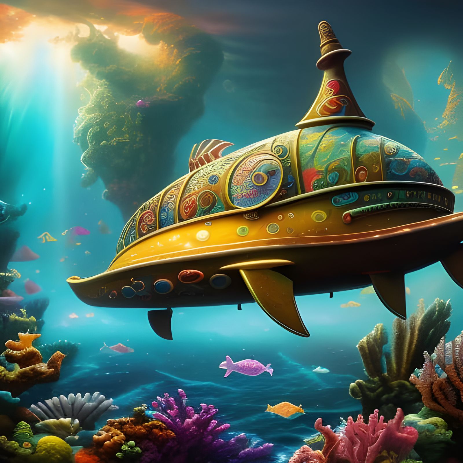 Enchanted Submarine in Whimsical Ocean Scene