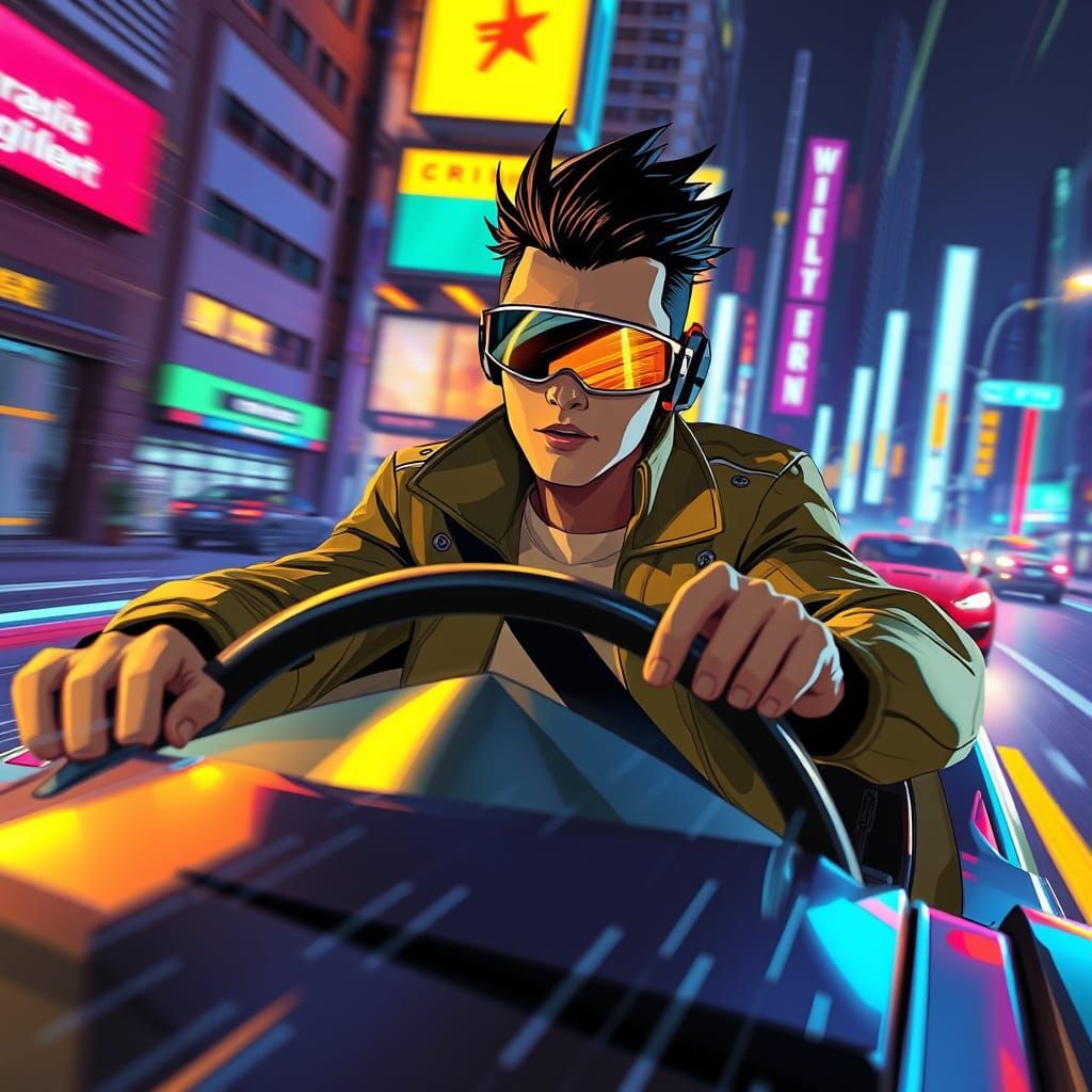 Cyberpunk Driver Speeds Through Neon City Streets