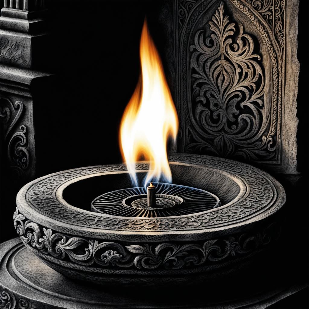 Eternal Flame in Charcoal Drawing with Chiaroscuro