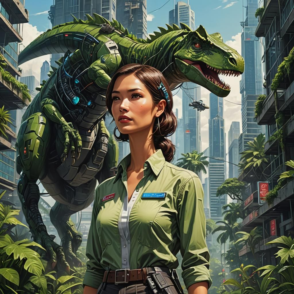 Woman with Cyberware and Dinosaur in Jungle