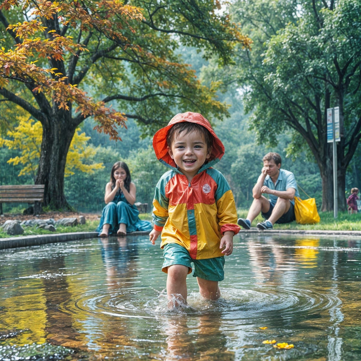 Child Splashing in Rainy Picnic, Impressionist Gouache Style
