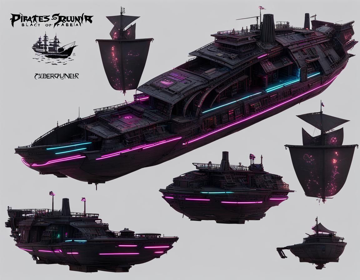 Cyberpunk Black Pearl Pirate Ship in Space
