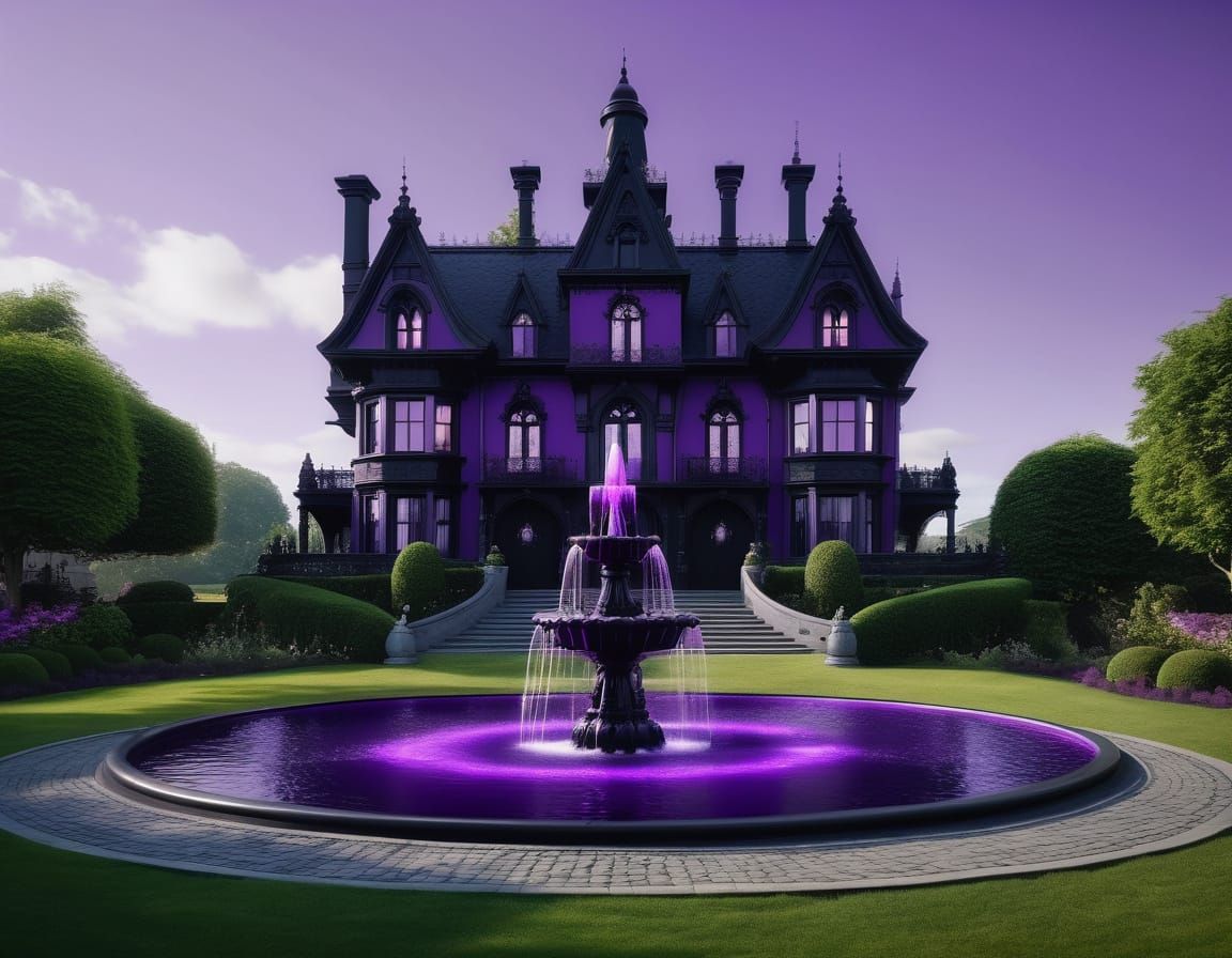 Gothic Mansion with Fountain, 8K Resolution