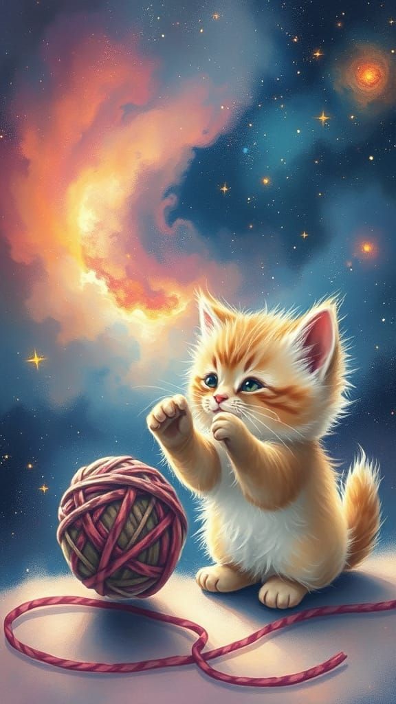 Fluffy Kitten Plays in Cosmic Nebula