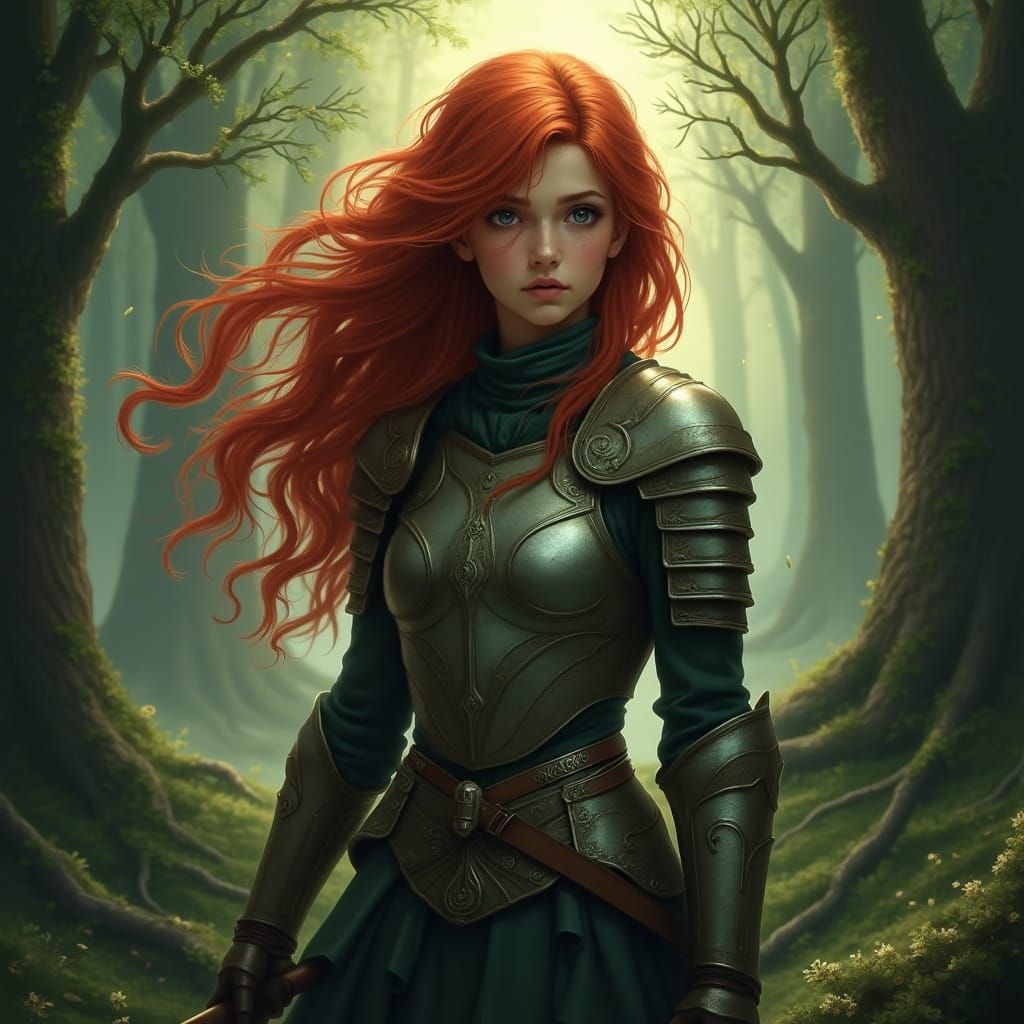 Red-Haired Warrior Woman in Dark Forest Book Cover